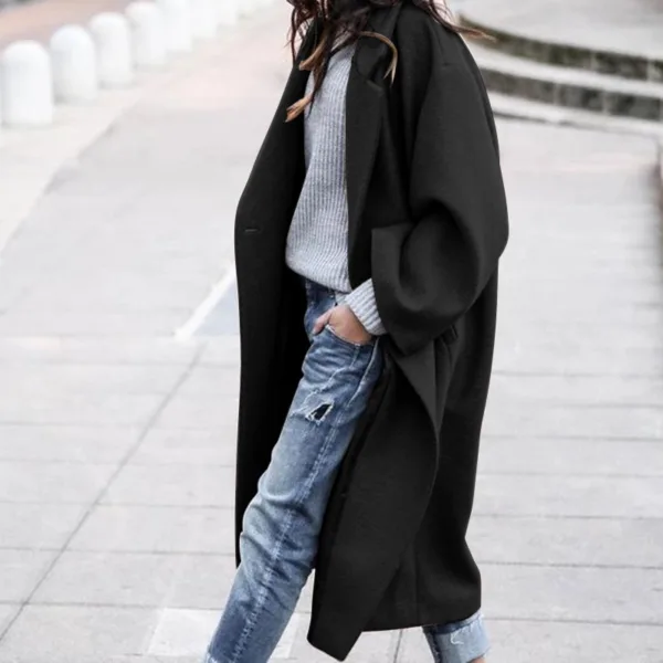 Casual Long Jacket With Pockets Solid Color Single Breasted Lapel Woolen Coat For Women Warm Winter Clothing - Image 2