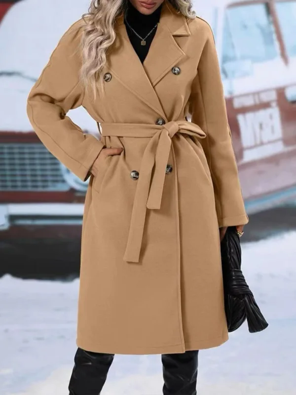 Lapel Double-breasted Trench Coat With Belt Winter Fashion Solid Color Long Jacket Outwear Women Clothing - Image 5