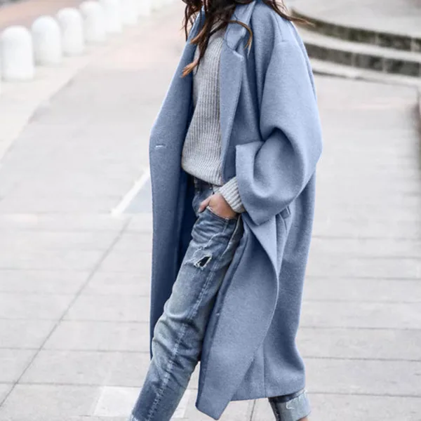 Casual Long Jacket With Pockets Solid Color Single Breasted Lapel Woolen Coat For Women Warm Winter Clothing - Image 3