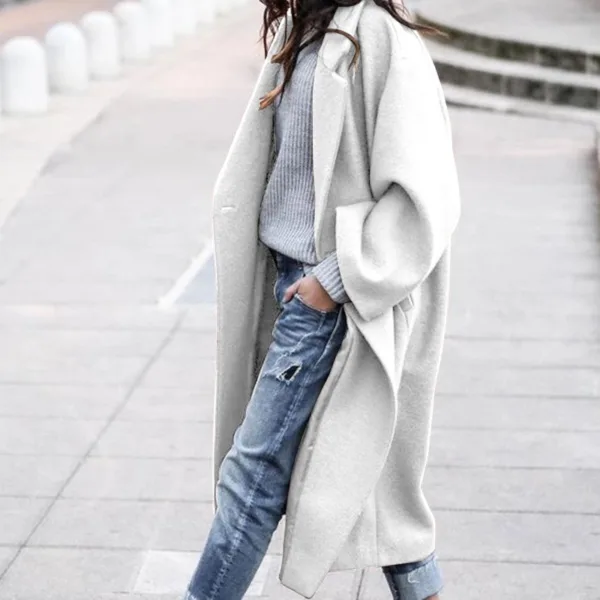 Casual Long Jacket With Pockets Solid Color Single Breasted Lapel Woolen Coat For Women Warm Winter Clothing - Image 4