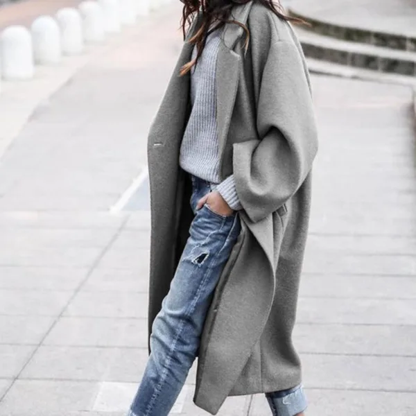 Casual Long Jacket With Pockets Solid Color Single Breasted Lapel Woolen Coat For Women Warm Winter Clothing - Image 6