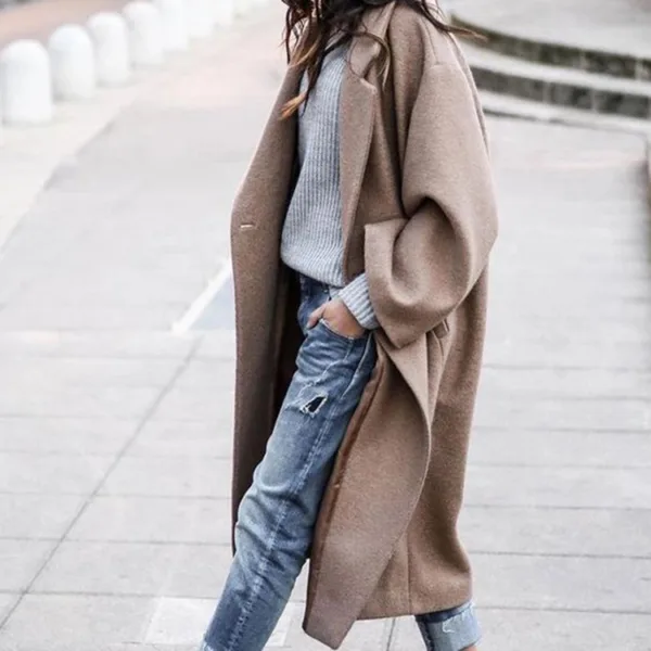 Casual Long Jacket With Pockets Solid Color Single Breasted Lapel Woolen Coat For Women Warm Winter Clothing - Image 5